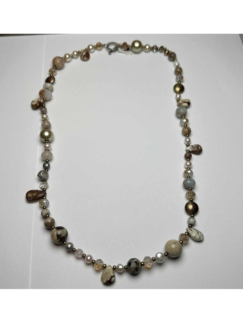Boho Mixed Stone Crystal & Faux Pearl Beaded Statement Necklace 23 Inch